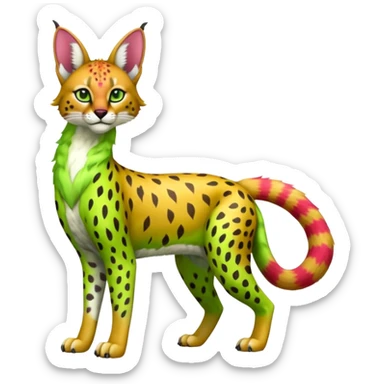 Colorful tropical exotic fruity kiwi-green lemony rosy neon-red Caracal-Cheetah-Serval-Snow-Leopard-Trico-Sergal-Vernid-fusion-hybrid-animal-creature, full body sticker