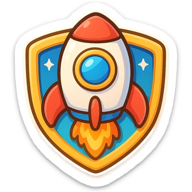 rocket badge, playful cartoon style, bold colors, outlined, fun and energetic, for gamified app sticker