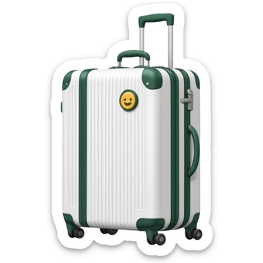 white ribbed suitcase on wheels with handle, dark green details, minimalist style, emoji style sticker