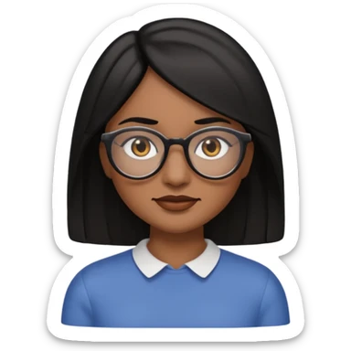 A woman emoji with medium-dark skin, straight shoulder-length black hair parted to the side, an oval-shaped face, arched dark eyebrows, large brown eyes with glasses, a small nose, and natural-toned lips. sticker