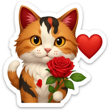 Add a heart to the tricolor cat holding a rose, keep the background transparent. sticker