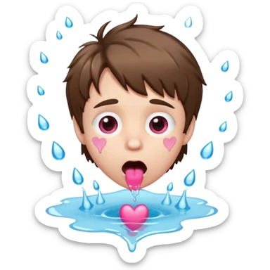 Pale Boy with shaggy brown hair, pink heart shaped eyes looking up , mouth open , water drop dripping from lips sticker