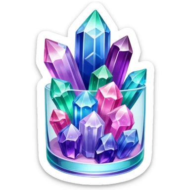 Close-up of vibrant, multicolored crystals growing in a glass container on a wooden table. Crystals in shades of purple, blue, green, pink, and clear are forming in various shapes and sizes. Soft light shines on them. Cozy indoor setting with plants and soft decor in the background. sticker