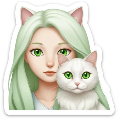 a girl and a long hair jinjila white cat, cat’s eyes are green sticker