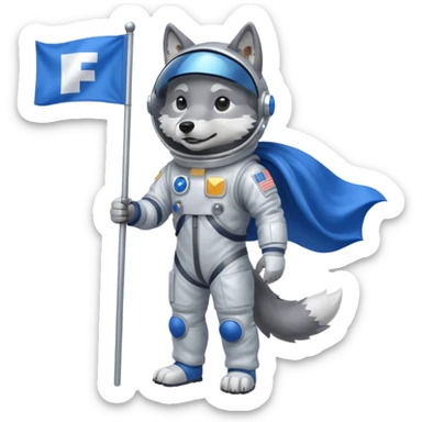 a wolf in space suit, holding blue rectangle flag, full body sticker