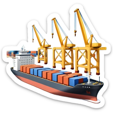 A 3D cartoon cargo or passenger seaport terminal with cranes and ships docked, calm lighting, Memoji-style realism. sticker