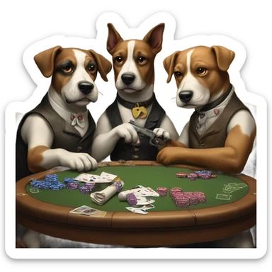 three dogs playing poker painting holding guns sticker