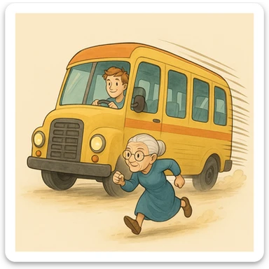 old lady should run to reach the bus, the driver is man under 30 with orange hair sticker