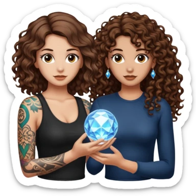 crystal orb realization — long wavy brown hair tattooed woman and short tight curly brown hair woman — glow sticker