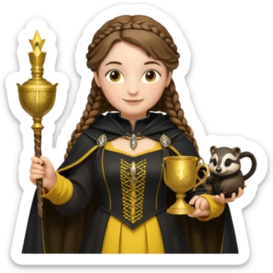 Helga Hufflepuff,the Hogwarts founder of Hufflepuff,brown-haired,2braids,yellow-black medieval dress with black cloak decorated with gold braiding,flickering magic wand and tiny two-handled shiny gold cup engraved with the badger silhouette,very kind smile,curvy busty sweet  sticker