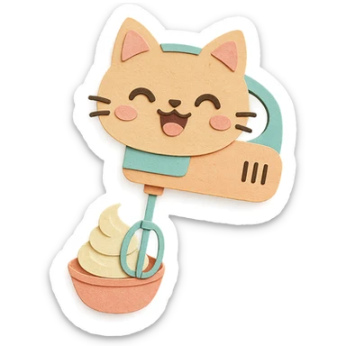 chibi cat-shaped electric whisk, spinning cream with a joyful expression, pastel colors, full-body sticker