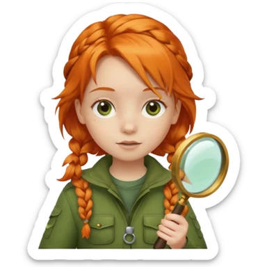 braid orange haired girl kid in moss green explorer outfit, holding magnifying glass sticker