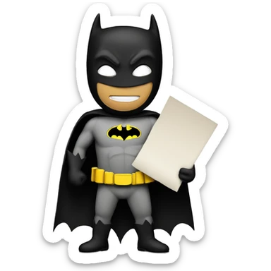 The image depicts a cartoon character dressed as Batman, holding a 3 on a piece of paper. The background is black. sticker