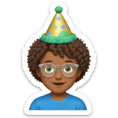 A boy with curly brown hair and green eyes with a happy face, and wear square glasses.He’s also got a full silver birthday party hat on his head with blue pom poms on top of it, and his T-shirt is all black, he wears a little gold circle earrings on his left  sticker