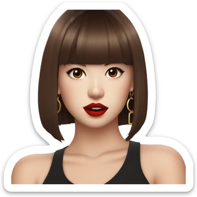 pretty girl with Lalisa Style hair during Rockstar MV, brown eyes, red lips, dark chocolate brown hair, hoo earrings sticker