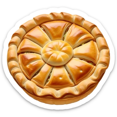 Cinematic Realistic Burek sa Sirom Dish Emoji, showcasing a flaky pastry filled with cheese rendered with crisp textures and appetizing, warm lighting. sticker