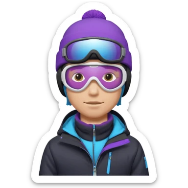 male Pro Snowboarder with white and grey beanie, ONE pair of purple and blue frameless goggles on and a black jacket sticker