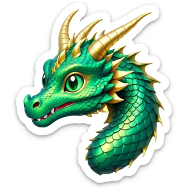 Cinematic Cute Dragon Portrait Emoji, Head tilted playfully and inquisitively, featuring a sleek, serpentine form adorned with iridescent scales that shift between emerald and gold, a delicate set of subtle horns, and round, sparkling eyes full of curious magic; rendered with realistic detail and warm natural light, high shine, affectionate and enchanting, styled with a touch of whimsical fantasy, soft glowing outline, capturing the essence of a mischievous yet lovable dragon that seems poised to slither playfully into your arms! sticker
