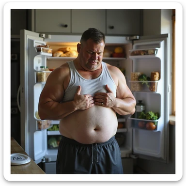 hyperrealistic 4K image of a man in gym shorts and tank top grimacing and clutching his bloated abdomen, standing by a kitchen counter, open fridge behind him full of chicken, rice, broccoli, bathroom scale reading '75kg' nearby sticker