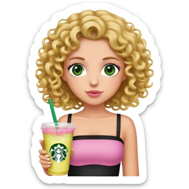 a slightly tan but white girl with curly wavy hair and green eyes wearing a black tube top holding a starbucks pink lemonade facing forward aesthetic  sticker