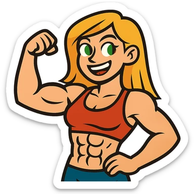 muscular white girl with blonde hair and green eyes, flexing 6 pack abs and one arm bicep sticker