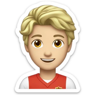 A smiling white teen with a long face in red Ferrari jersey with very short black hair and light green eyes and dig cheeks sticker