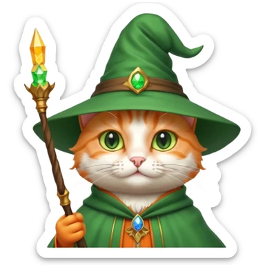 A cat wizard with a pointy hat and a magic wand sticker