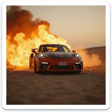Cinematic shot, Porsche 911 gt3 rs in fire, desert, sunny day, dubai in background sticker