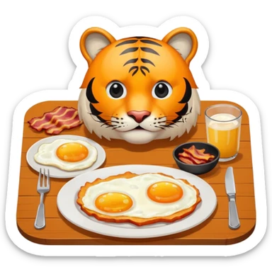 Tiger sitting at a table with a plate of 2 eggs and bacon in front of him sticker