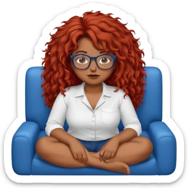 Nude white curvy woman with classes with glasses brown redy long frizzy messy hair sat on blue sofa. sticker