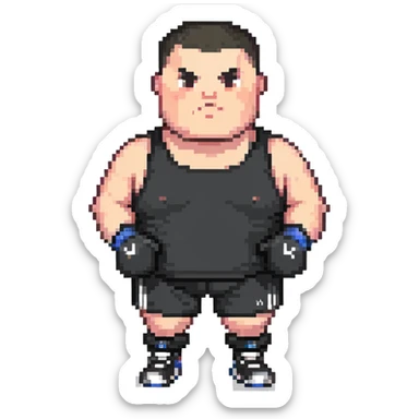 white man with dark hair, dark eyes, buzzcut faded haircut, overweight 100kg boxer, chubby face, stocky build, wearing full black clothes, black adidas boxing gloves, highly pixelated, chunky pixel style, low resolution sticker