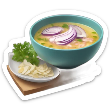 hot soup with the following ingredients sliced red onions, albacore, coriander and yucca sticker