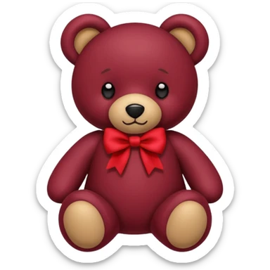 a burgundy teddy bear with a bow sticker