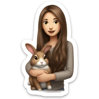 Very beautiful girl with very long brown hair designer artist with a cute rabbit sticker