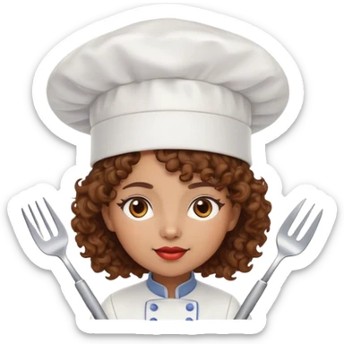 Light brown skinned mixed-race female chef with medium-length curly brown hair, wearing a chef's hat (toque), with both an angel halo and devil horns on her head sticker