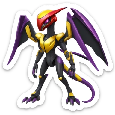 a shiny black-purple-red-yellow Genesect-Flygon-Raptor-Fakémon-Medabot-hybrid with a futuristic visor-helmet full body sticker
