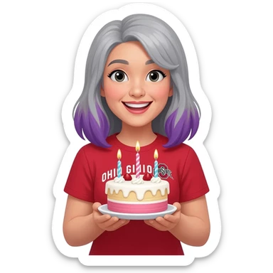 Asian Jewish woman with unique gray and purple hair wearing Ohio state shirt happy y birthday sticker