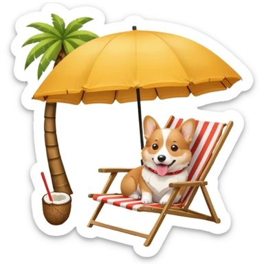 a corgi dog laied on a beach chair, a sunny beach, a sun umbrella, and beach coconut trees. the icon should capture the essence of a relaxing beach vacation with a carefree atmosphere sticker