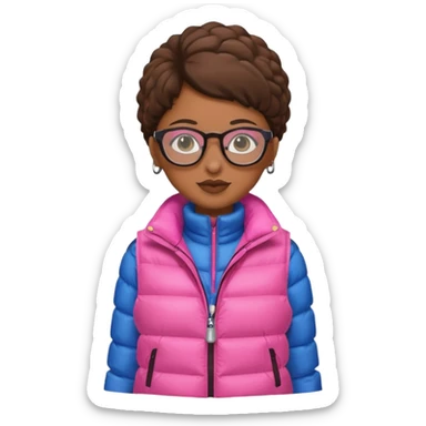 brown skin woman with glasses pink puffer vest sticker