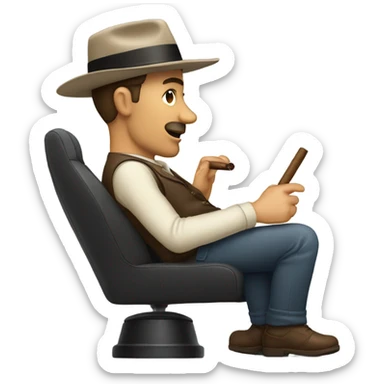 Side view of a man in the drivers seat of a car with a fedora on, smoking a cigar sticker
