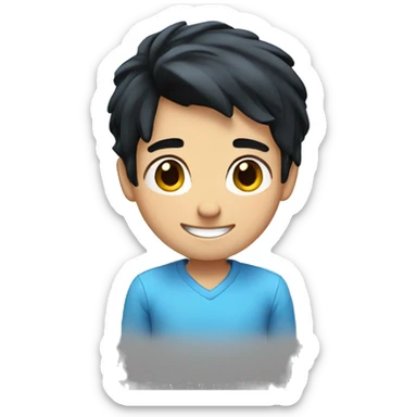 young man with a white and blue shirt, and black straight hair, with smile face sticker