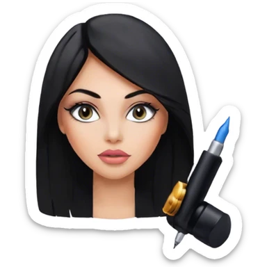 Glamours, tanned, very beautiful girl, with big pump peach-beige-rose lips, eyeliner, long lashes, black straight smooth silky long hair, straight parting hair, blue-grey eyes in black clothes for working profile sticker