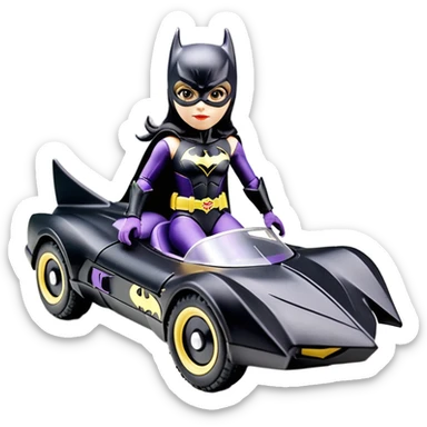 I:10 scale racing sexy fitted Batgirl’s buxom minimalist armored midnight-colored tight outfit 1970’s tv style dark knight stealthy accurate sporty safe plush deluxe off-road pursuit drifting F1 town car (black hair, shoulders back against seat) rally vehicle  sticker