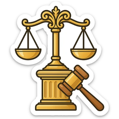 Vector illustration of a classic symbol of law (e.g. scales of justice, gavel, courthouse column), designed with elegant and refined lines. Include intricate golden detailing, soft gradients for a polished metallic look, and realistic shadows and highlights for depth. Style should be clean and professional, with a modern yet timeless feel. Transparent background sticker