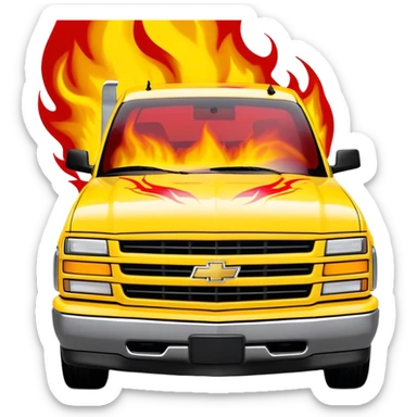 1997 yellow Chevrolet Silverado with detailed custom airbrushed red flame artwork spreading across hood and front, movie-accurate Kill Bill design, 30-degree angle, iOS emoji style sticker