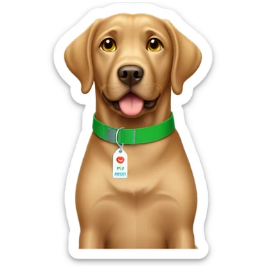 Light brown chocolate Labrador wearing green collar looking straight with name tag CHIP sticker