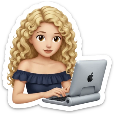 woman with long curly blond hair, brown eyes, wearing an off-shoulder top, on computer  sticker
