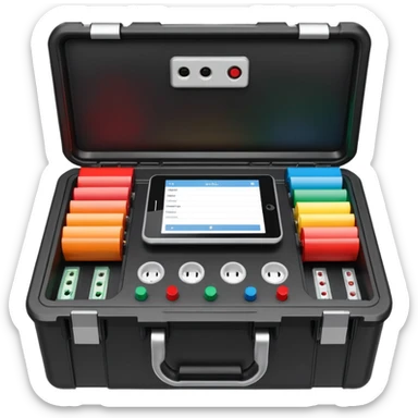 An open black hard-shell test case, inside: technical control panel, a power outlet, USB port, and colored test sockets. A large roll of white test labels lies next to the equipment, along with one red test probe. sticker