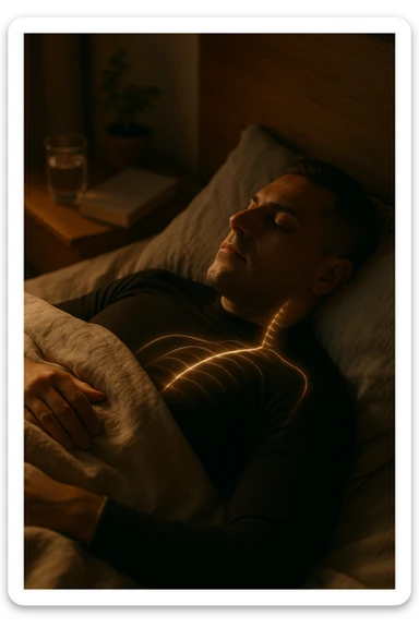 A cinematic close-up of a man in his early 30s sleeping peacefully on his back in a softly lit bedroom. His breathing is calm, chest rising slowly. The sheets are slightly crumpled, natural linen textures in warm beige tones. His face is relaxed, with faint light illuminating the side of his cheek and temple from a nearby window. Around his body, faint glowing lines follow the spine and head, symbolizing deep nervous system recovery and hormonal balance. On the nightstand: a glass of water, a book, and no electronics. The room is quiet and grounded, with natural elements like a small plant and a wooden headboard. Shot in 35mm cinematic style, with warm ambient tones, shallow depth of field, and a peaceful, healing atmosphere sticker