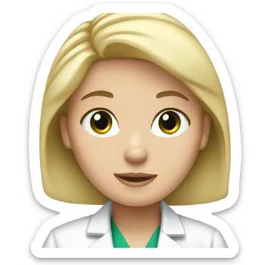 white girl with blonde hair green eyes wearing a lab coat sticker